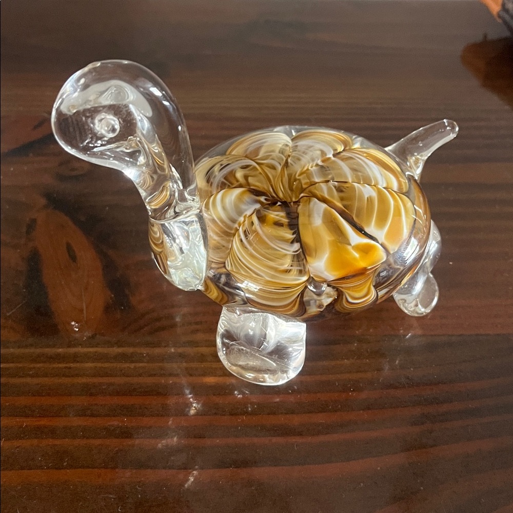 Vintage Glass Turtle Figurine with Swirled Brown Design